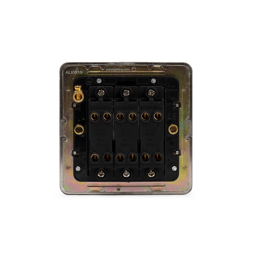 The Lombard Collection Brushed Chrome Flat Plate 3 Gang Intermediate Switch Blk Ins Screwless
