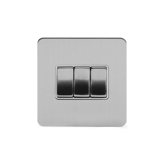 The Lombard Collection Brushed Chrome Flat Plate 3 Gang Intermediate Switch Wht Ins Screwless