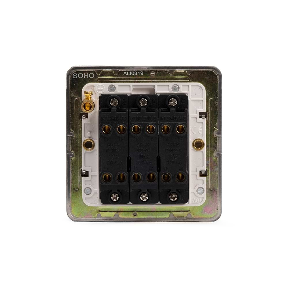The Lombard Collection Brushed Chrome Flat Plate 3 Gang Intermediate Switch Wht Ins Screwless