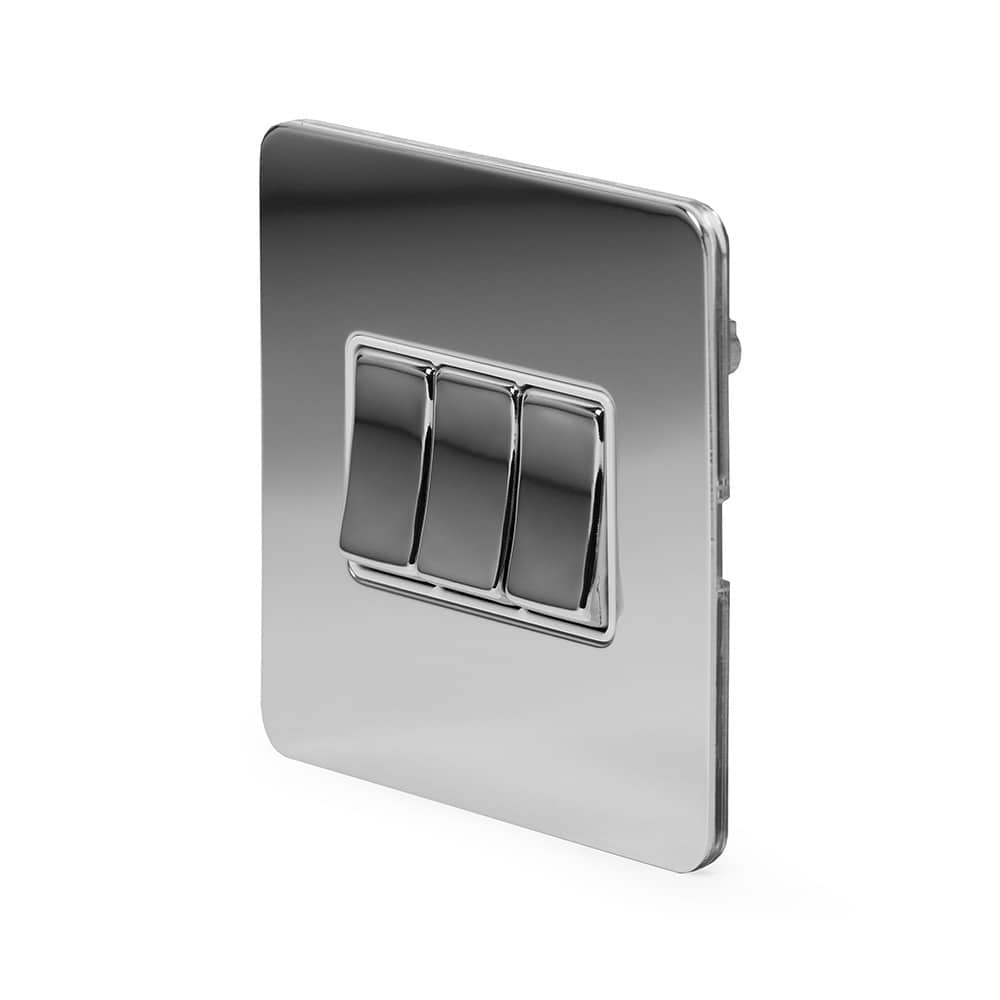The Finsbury Collection Polished Chrome Flat Plate 10A 3 Gang Intermediate Switch Wht Ins Screwless