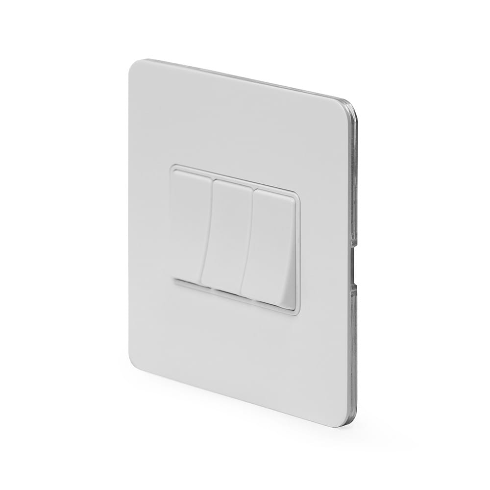 The Eldon Collection White Metal Flat Plate 10A 3 Gang Intermediate Switch Wht Ins Screwless