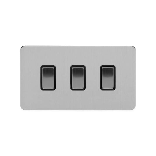 The Lombard Collection Brushed Chrome Flat Plate 10A 3 Gang Switch on Double Plate 2 Way Blk Ins 2 Way Screwless