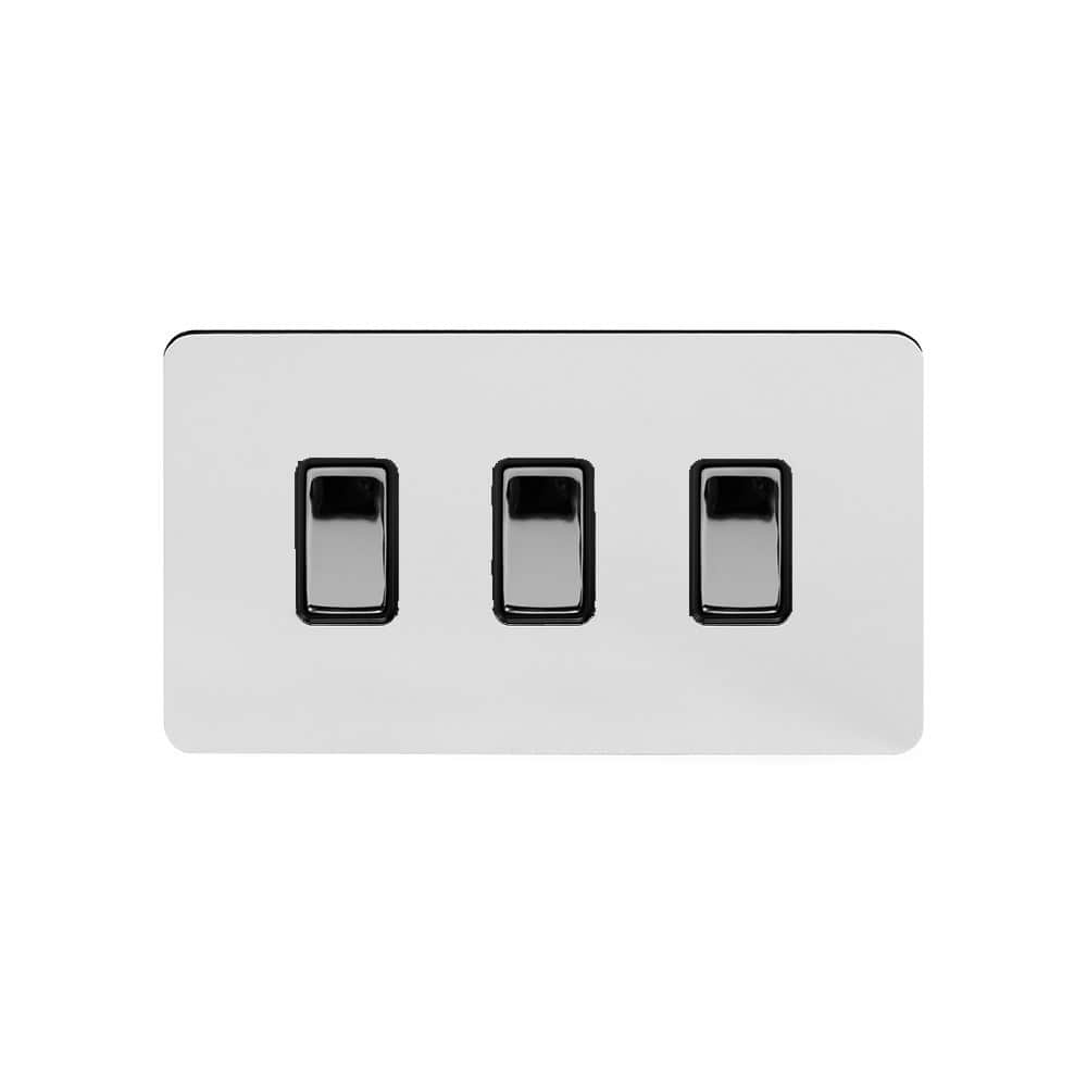 The Finsbury Collection Polished Chrome Flat Plate 10A 3 Gang Switch on Double Plate 2 Way Blk Ins 2 Way Screwless
