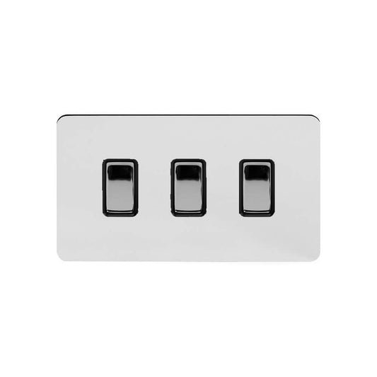 The Finsbury Collection Polished Chrome Flat Plate 10A 3 Gang Switch on Double Plate 2 Way Blk Ins 2 Way Screwless