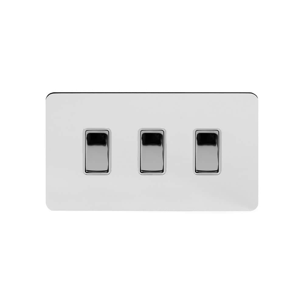 The Finsbury Collection Polished Chrome Flat Plate 10A 3 Gang Switch on Double Plate 2 Way Wht Ins 2 Way Screwless