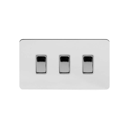 The Finsbury Collection Polished Chrome Flat Plate 10A 3 Gang Switch on Double Plate 2 Way Wht Ins 2 Way Screwless