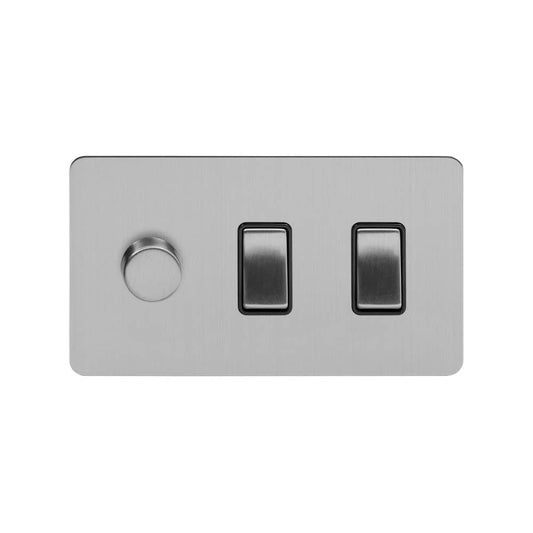 The Lombard Collection Brushed Chrome Flat Plate 3 Gang Dimmer and Rocker Switch Combo (2-Way Intelligent Dimmer & 2 x 2-Way Light Switch)