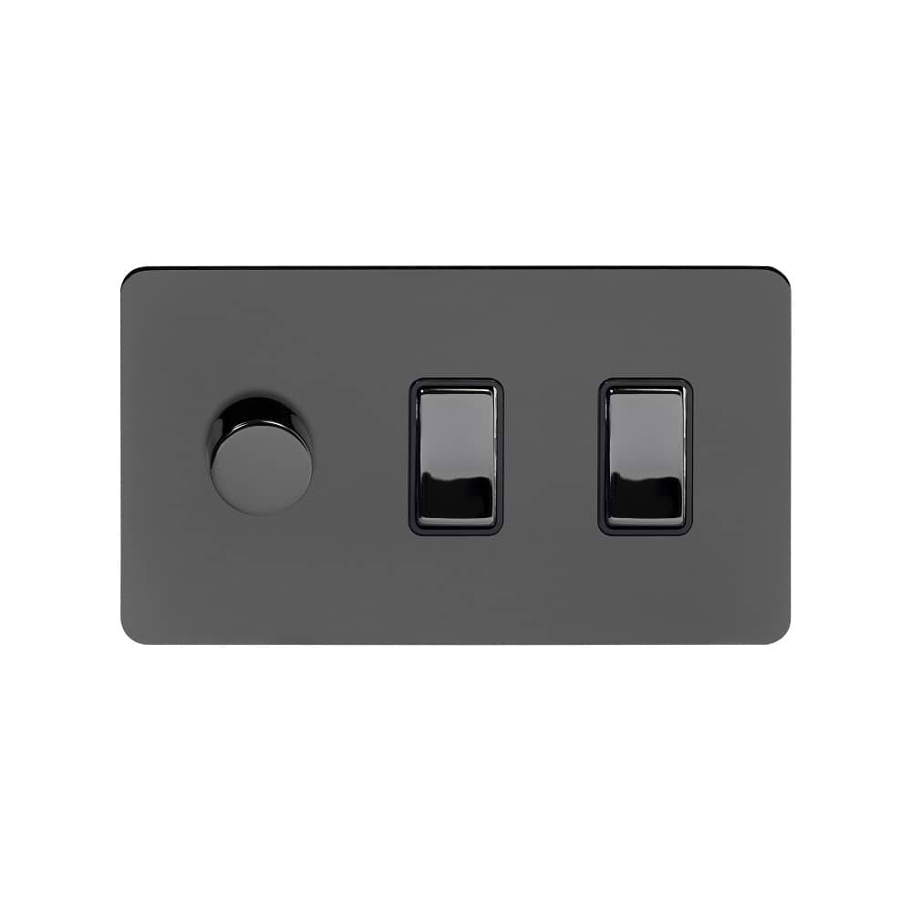 The Connaught Collection Black Nickel Flat Plate 3 Gang Dimmer and Rocker Switch Combo (2-Way Intelligent Dimmer & 2 x 2-Way Light Switch)