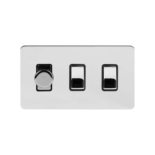 The Finsbury Collection Polished Chrome Flat Plate 3 Gang Dimmer and Rocker Switch Combo (2-Way Intelligent Dimmer & 2 x 2-Way Light Switch)