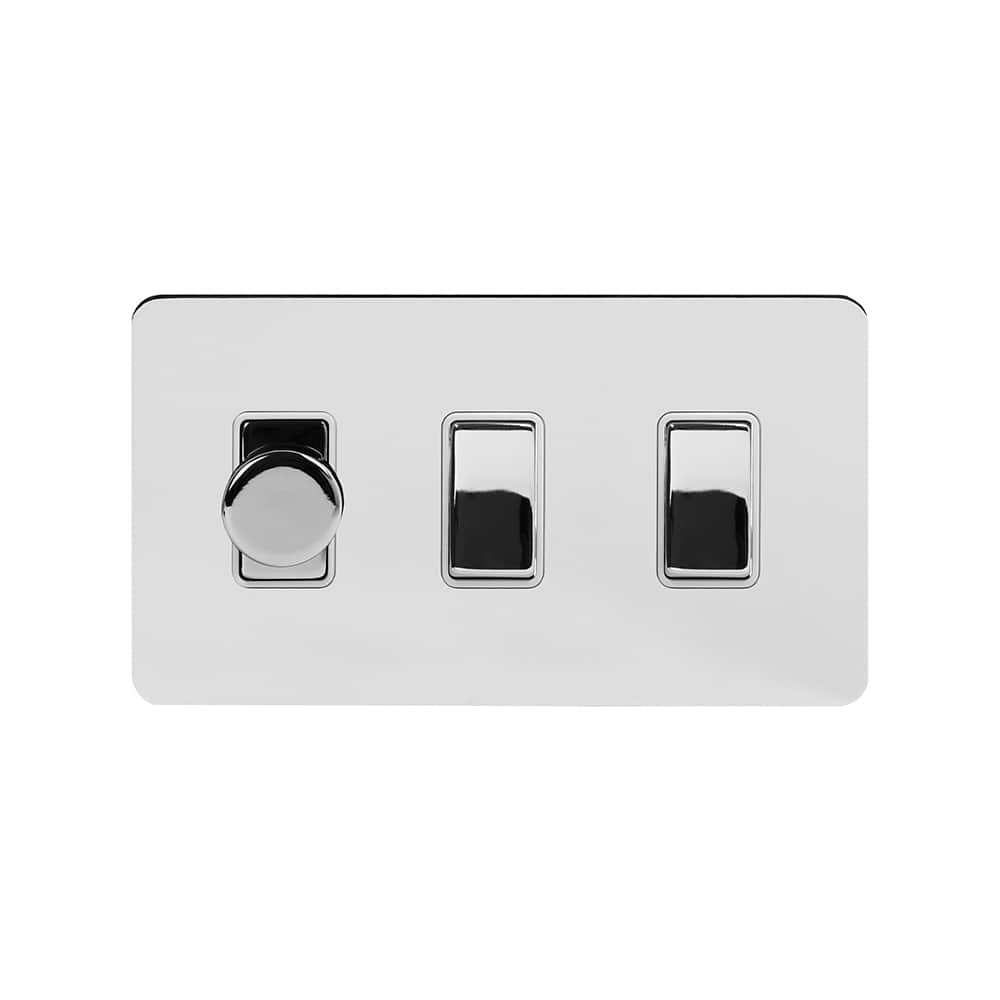 The Finsbury Collection Polished Chrome Flat Plate 3 Gang Dimmer and Rocker Switch Combo (2-Way Intelligent Dimmer & 2 x 2-Way Light Switch)