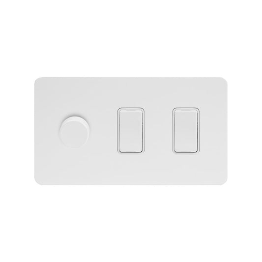 The Eldon Collection White Metal Flat Plate 3 Gang Dimmer and Rocker Switch Combo (2-Way Intelligent Dimmer & 2 x 2-Way Light Switch)