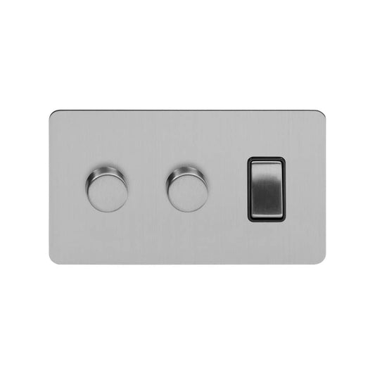 The Lombard Collection Brushed Chrome Flat Plate 3 Gang Dimmer and Rocker Switch Combo (1x2 Way Light Switch with 2x Trailing Edge Dimmer) Blk Ins Screwless