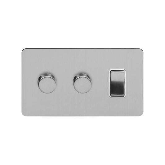 The Lombard Collection Brushed Chrome Flat Plate 3 Gang Dimmer and Rocker Switch Combo (1x2 Way Light Switch with 2x Trailing Edge Dimmer) Wht Ins Screwless