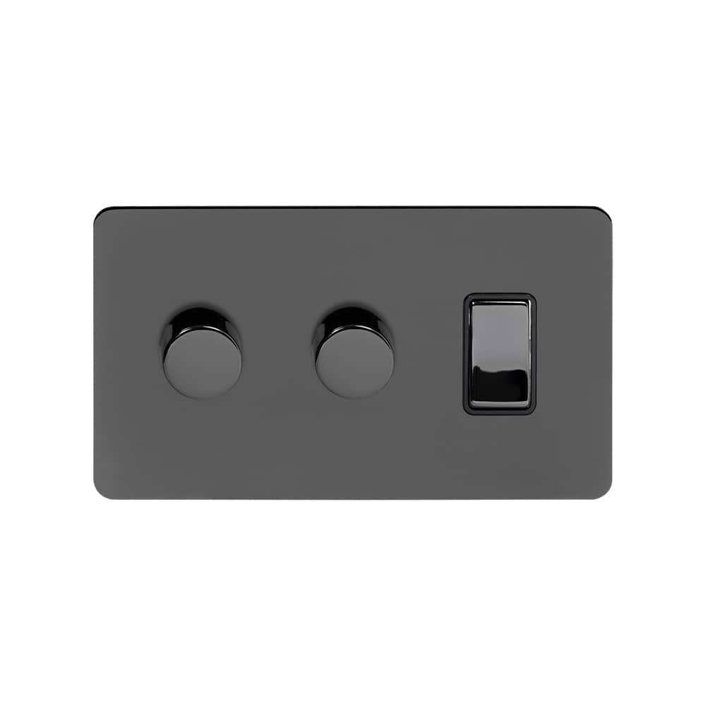 The Connaught Collection Black Nickel Flat Plate 3 Gang Dimmer and Rocker Switch Combo (1x2 Way Light Switch with 2x Trailing Edge Dimmer) Screwless