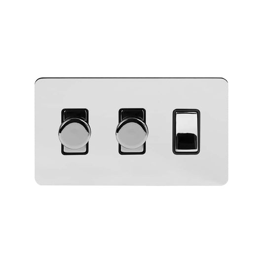 The Finsbury Collection Polished Chrome Flat Plate 3 Gang Dimmer and Rocker Switch Combo (2 x 2-Way Intelligent Dimmer & 2-Way Switch)