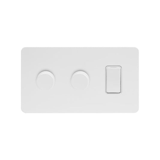 The Eldon Collection White Metal 3 Gang Dimmer and Rocker Switch Combo (2 x 2-Way Intelligent Dimmer & 2-Way switch)