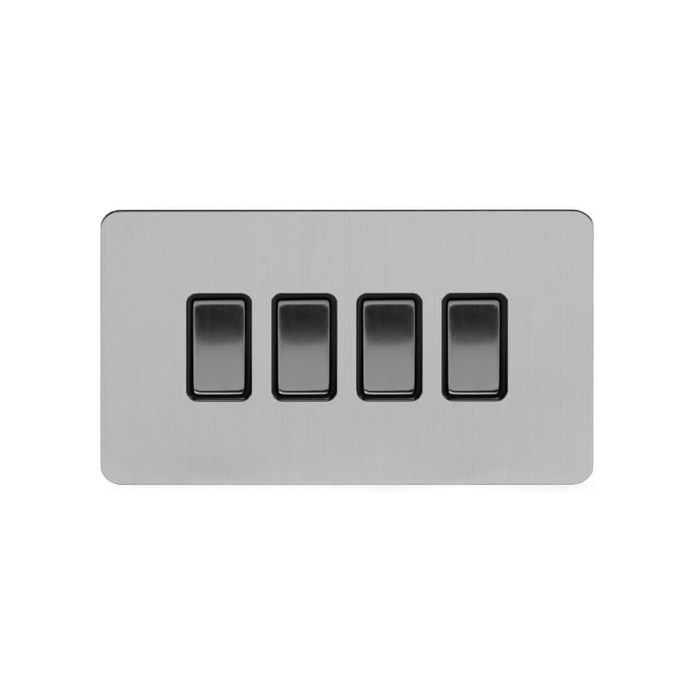 The Lombard Collection Brushed Chrome Flat Plate 4 Gang Switch With 1 Intermediate (3 x 2 Way Switch with 1 Intermediate) Blk Ins Screwless