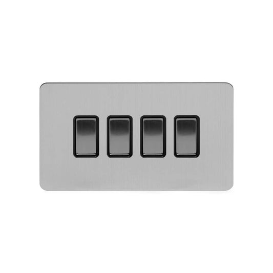 The Lombard Collection Brushed Chrome Flat Plate 4 Gang Switch With 1 Intermediate (3 x 2 Way Switch with 1 Intermediate) Blk Ins Screwless