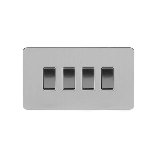 The Lombard Collection Brushed Chrome Flat Plate 4 Gang Switch With 1 Intermediate (3 x 2 Way Switch with 1 Intermediate) Wht Ins Screwless
