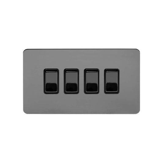 The Connaught Collection Black Nickel Flat Plate 4 Gang Switch With 1 Intermediate (3 x 2 Way Switch with 1 Intermediate) Bk Ins Screwless