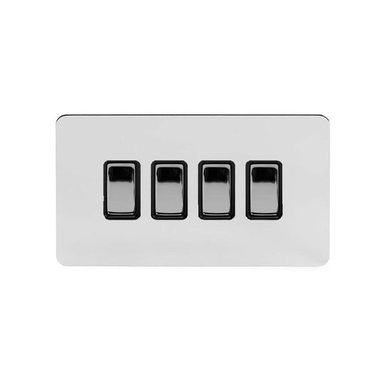 The Finsbury Collection Polished Chrome Flat Plate 4 Gang Switch With 1 Intermediate (3 x 2 Way Switch with 1 Intermediate) Bk Ins Screwless