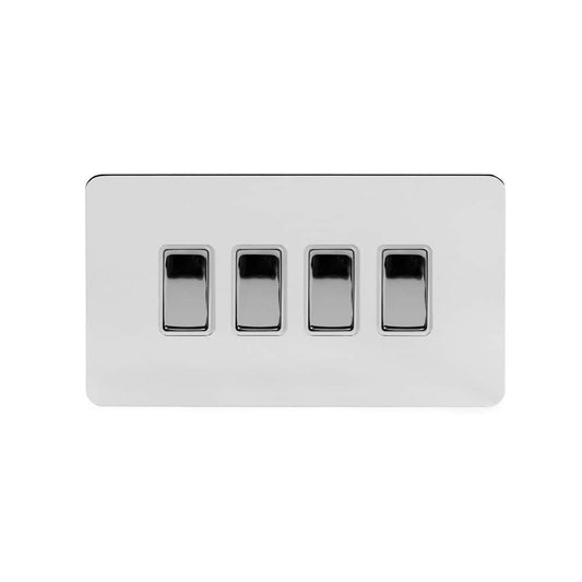 The Finsbury Collection Polished Chrome Flat Plate 4 Gang Switch With 1 Intermediate (3 x 2 Way Switch with 1 Intermediate) Wht Ins Screwless