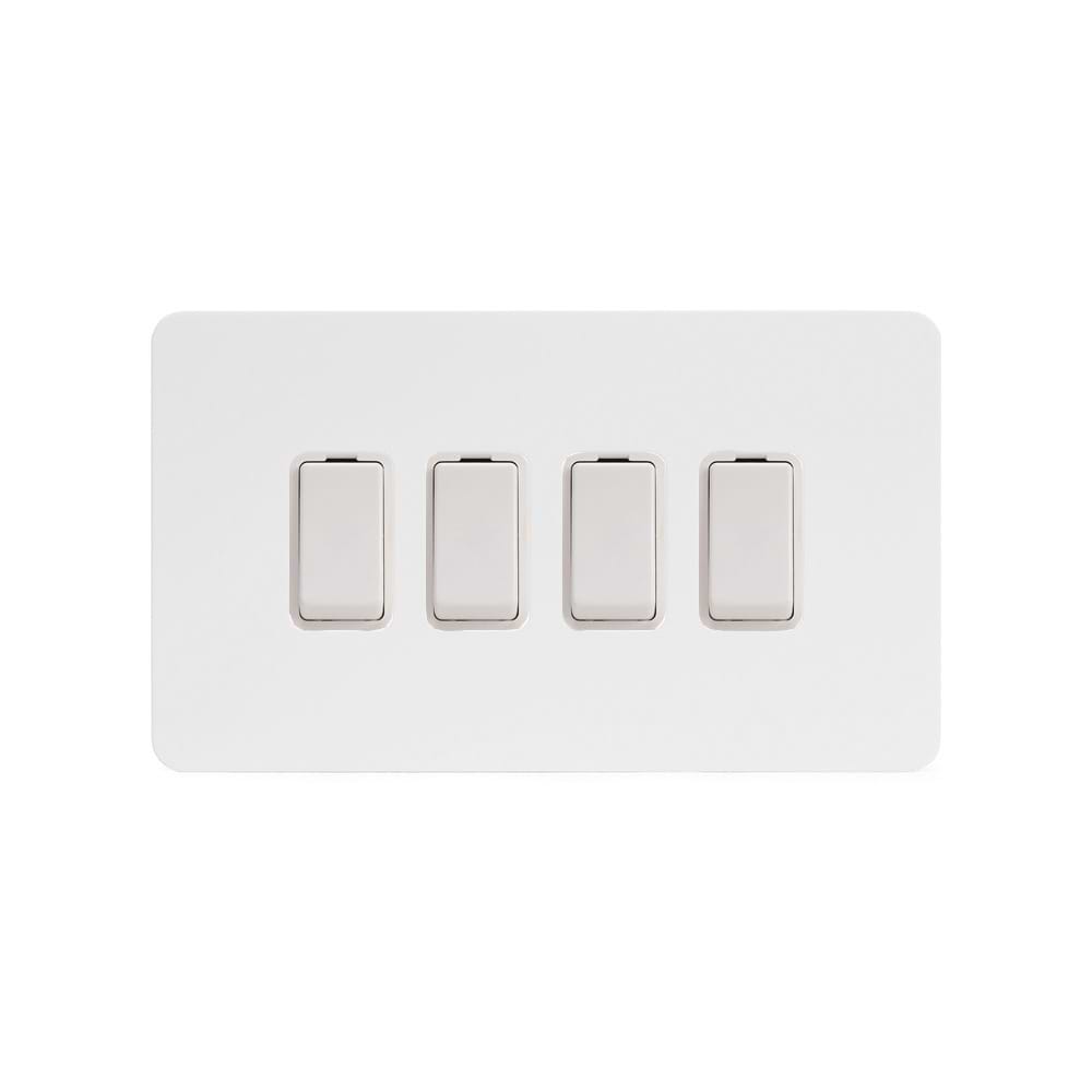 The Eldon Collection White Metal Flat Plate 4 Gang Switch With 1 Intermediate (3 x 2 Way Switch with 1 Intermediate) Wht Ins Screwless