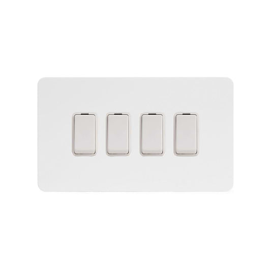 The Eldon Collection White Metal Flat Plate 4 Gang Switch With 1 Intermediate (3 x 2 Way Switch with 1 Intermediate) Wht Ins Screwless