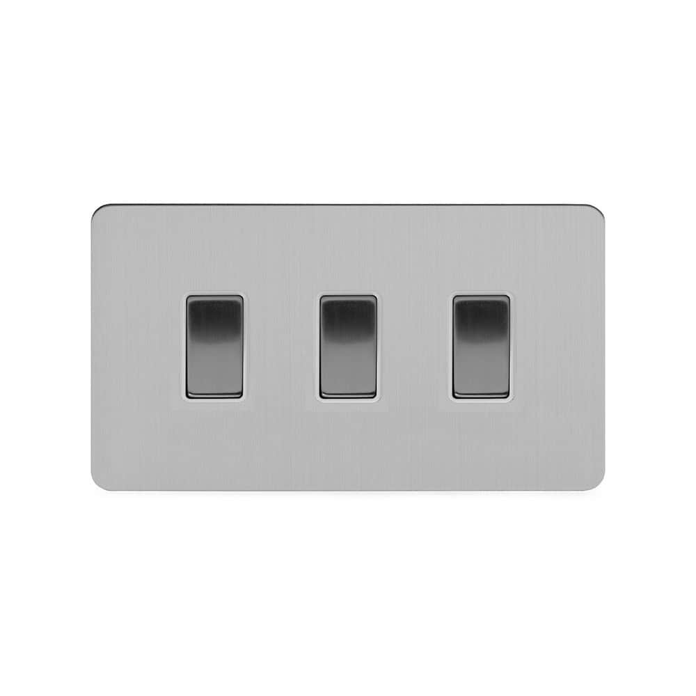 The Lombard Collection Brushed Chrome Flat Plate 10A 3 Gang Switch on Double Plate 2 Way Wht Ins 2 Way Screwless