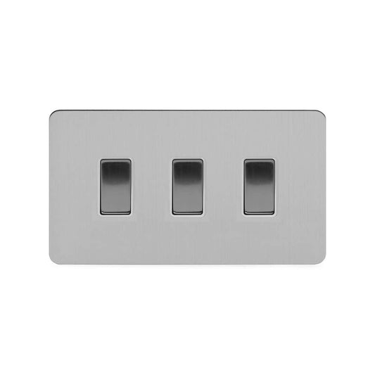 The Lombard Collection Brushed Chrome Flat Plate 3 Gang Switch With 1 Intermediate (2 x 2 Way Switch with 1 Intermediate) Wht Ins Screwless