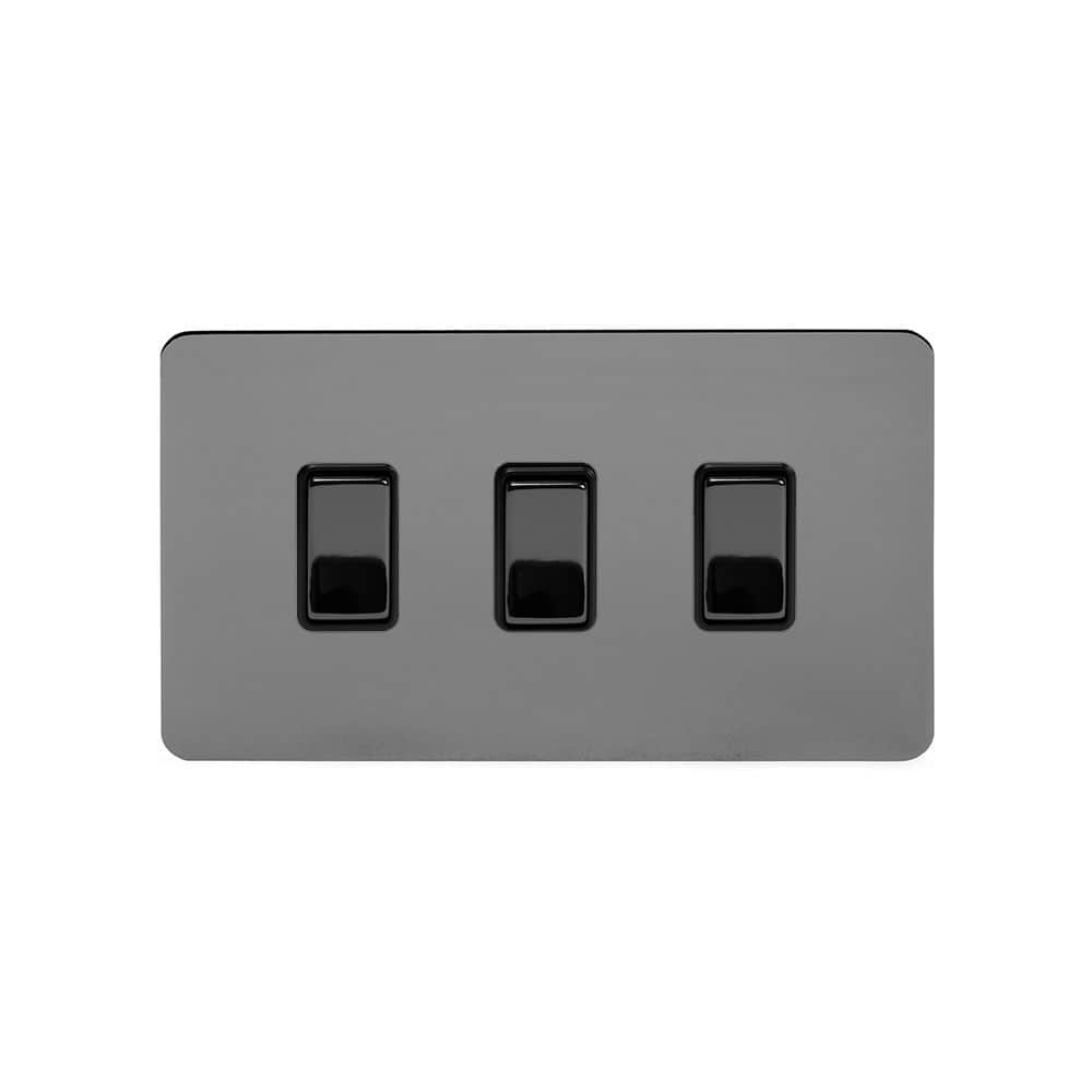 The Connaught Collection Black Nickel Flat Plate 3 Gang Switch With 1 Intermediate (2 x 2 Way Switch with 1 Intermediate) Bk Ins Screwless