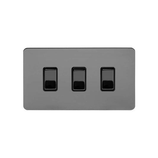 The Connaught Collection Black Nickel Flat Plate 3 Gang Switch With 1 Intermediate (2 x 2 Way Switch with 1 Intermediate) Bk Ins Screwless