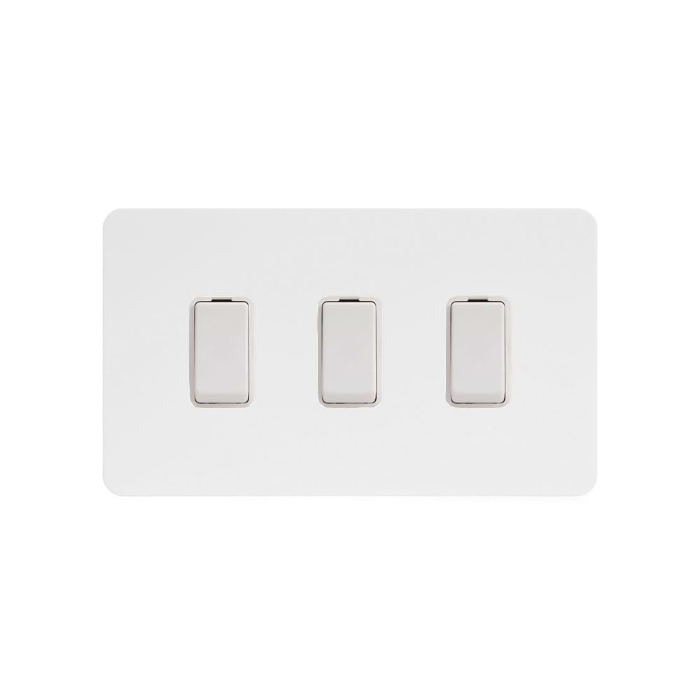 The Eldon Collection White Metal Flat Plate 3 Gang Switch With 1 Intermediate (2 x 2 Way Switch with 1 Intermediate) Wht Ins Screwless