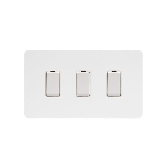 The Eldon Collection White Metal Flat Plate 3 Gang Switch With 1 Intermediate (2 x 2 Way Switch with 1 Intermediate) Wht Ins Screwless