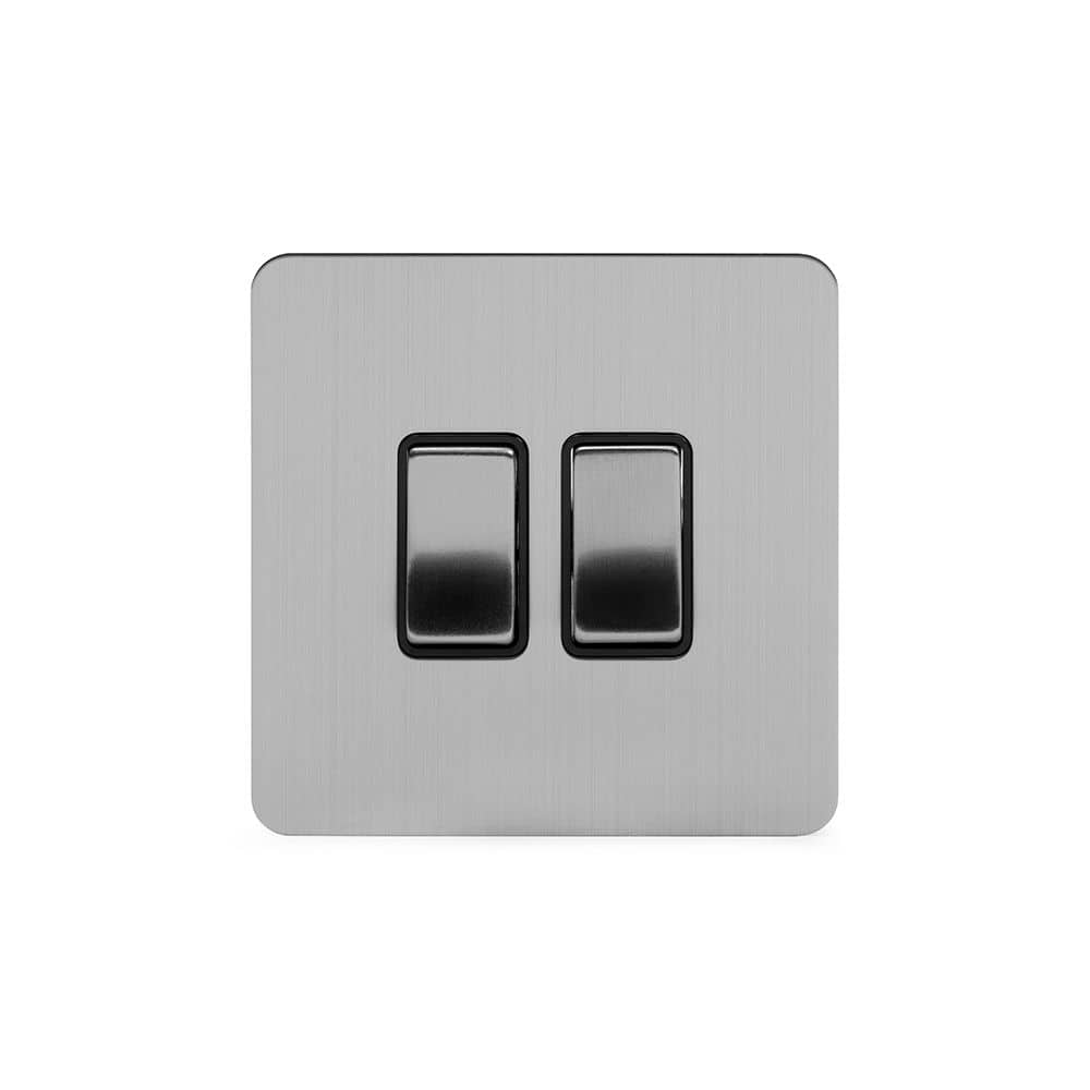 The Lombard Collection Brushed Chrome Flat Plate 2 Gang Switch With 1 Intermediate (1 x 2 Way Swich with 1 x Intermediate) Bk Ins Screwless