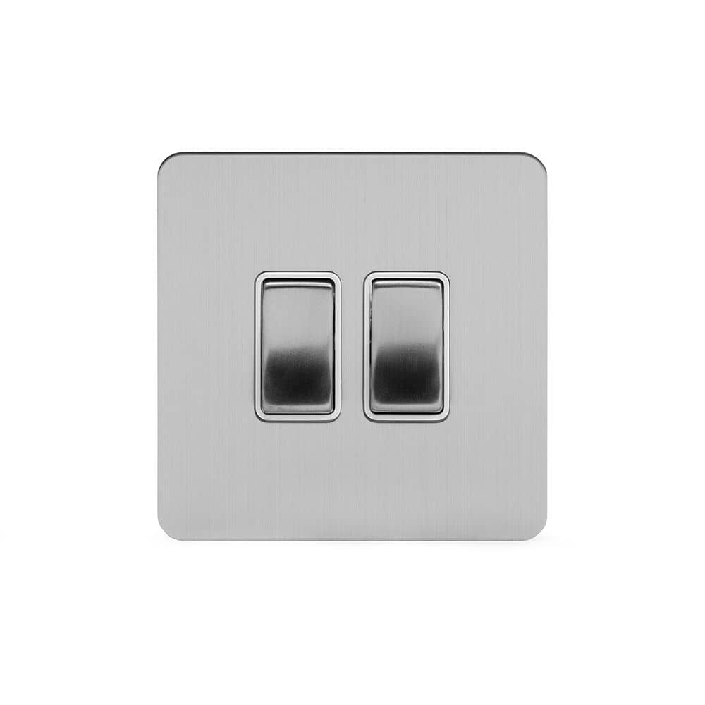 The Lombard Collection Brushed Chrome Flat Plate 2 Gang Switch With 1 Intermediate (1 x 2 Way Switch with 1 x Intermediate) Wht Ins Screwless