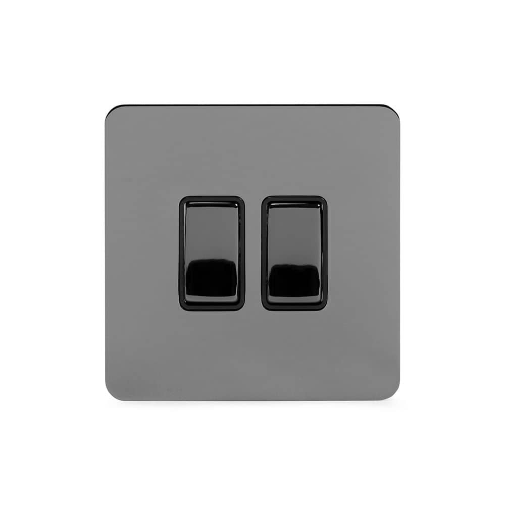 The Connaught Collection Black Nickel Flat Plate 2 Gang Switch With 1 Intermediate (1 x 2 Way Swich with 1 x Intermediate) Bk Ins Screwless