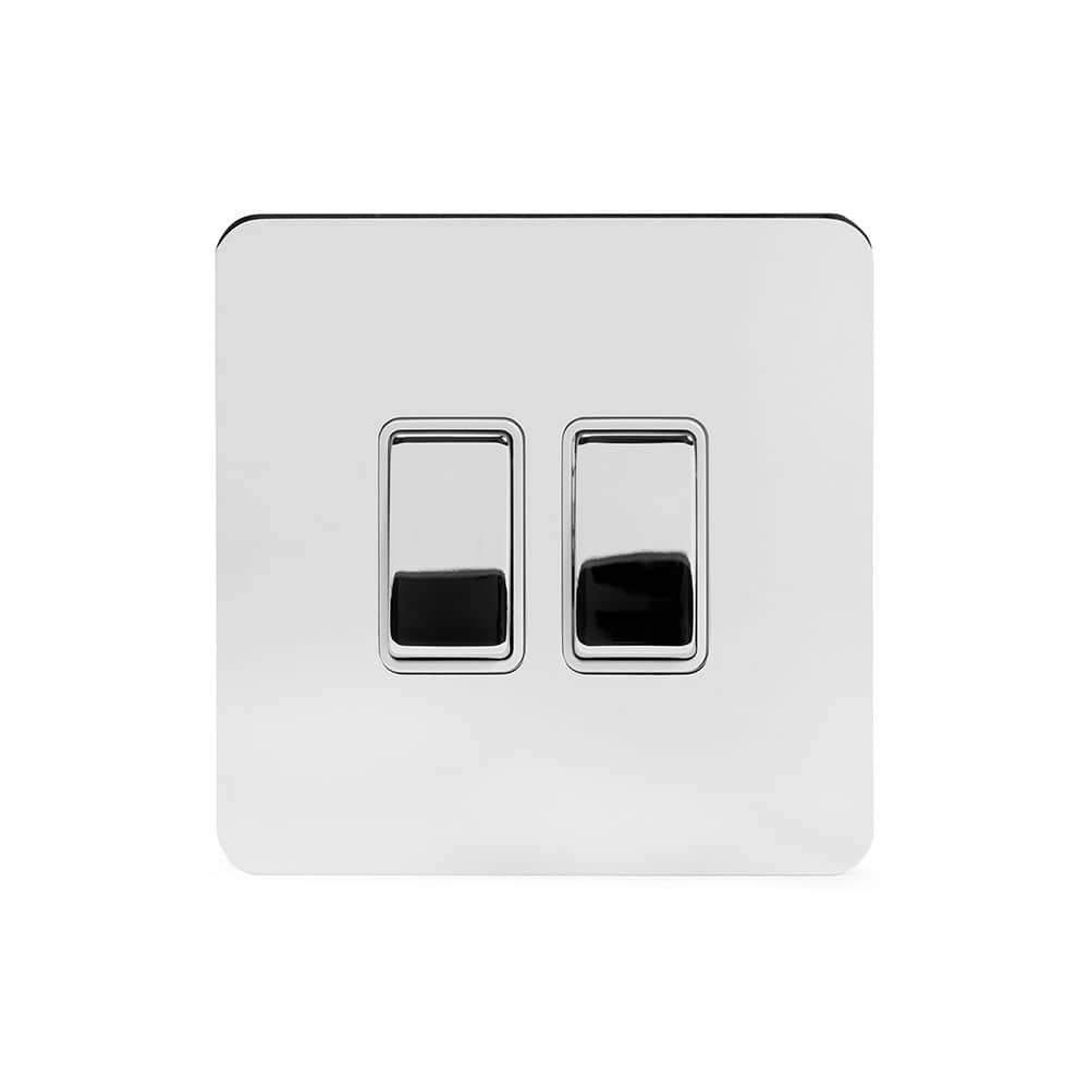 The Finsbury Collection Polished Chrome Flat Plate 2 Gang Switch With 1 Intermediate (1 x 2 Way Swich with 1 x Intermediate) Wht Ins Screwless