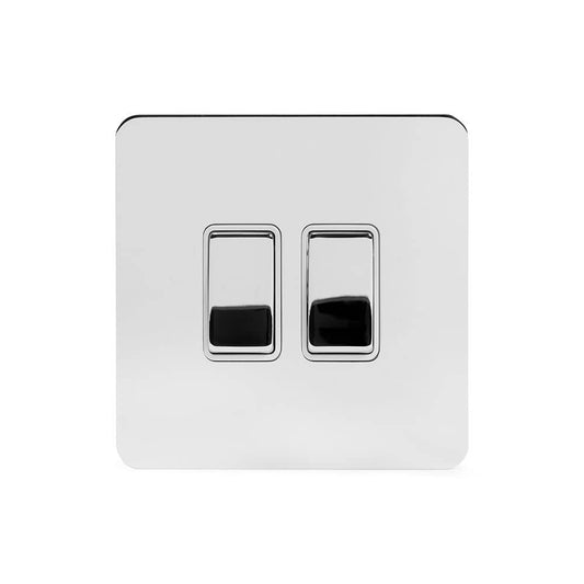 The Finsbury Collection Polished Chrome Flat Plate 2 Gang Switch With 1 Intermediate (1 x 2 Way Swich with 1 x Intermediate) Wht Ins Screwless