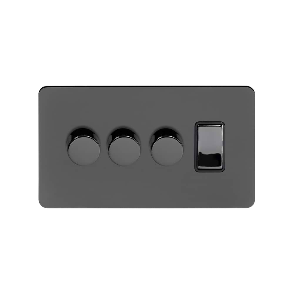 The Connaught Collection Black Nickel Flat Plate 4 Gang Switch with 3 Dimmers (3x150W LED Dimmer 1x20A Switch)