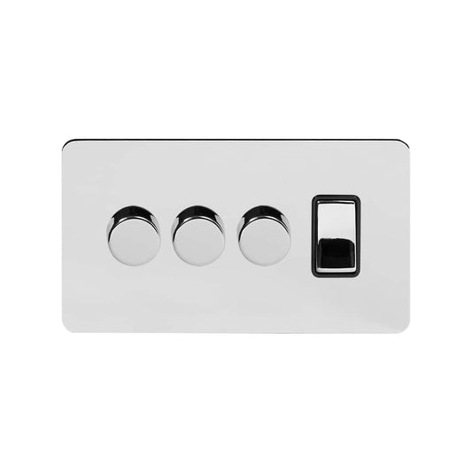 The Finsbury Collection Polished Chrome Flat Plate 4 Gang Switch with 3 Dimmers (3x150W LED Dimmer 1x20A Switch)