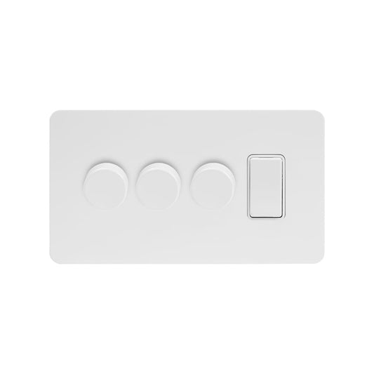 The Eldon Collection White Metal Flat Plate 4 Gang Switch with 3 Dimmers (3x150W LED Dimmer 1x20A Switch)