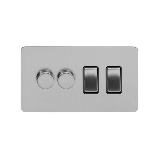 The Lombard Collection Brushed Chrome Flat Plate 4 Gang Dimmer and Rocker Switch Combo (2 x 2-Way Intelligent Dimmer & 2 x 2-Way Switch)