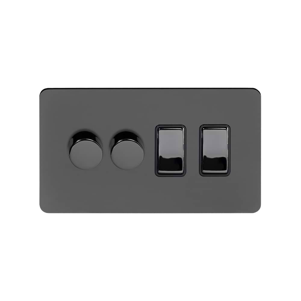 The Connaught Collection Black Nickel Flat Plate 4 Gang Dimmer and Rocker Switch Combo (2 x 2-Way Intelligent Dimmer & 2 x 2-Way Switch)