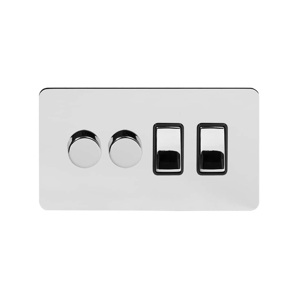 The Finsbury Collection Polished Chrome Flat Plate 4 Gang Dimmer and Rocker Switch Combo (2 x 2-Way Intelligent Dimmer & 2 x 2-Way Switch)