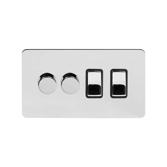 The Finsbury Collection Polished Chrome Flat Plate 4 Gang Dimmer and Rocker Switch Combo (2 x 2-Way Intelligent Dimmer & 2 x 2-Way Switch)