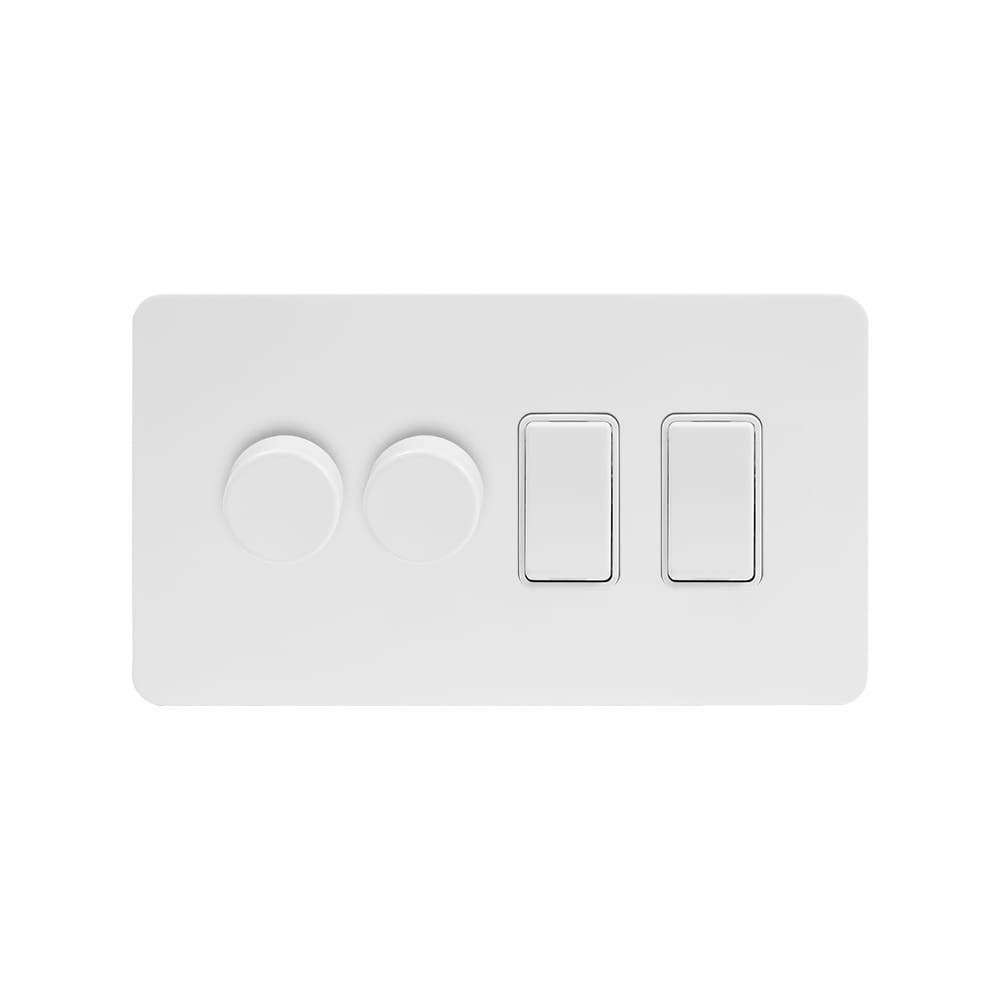 The Eldon Collection White Metal Flat Plate 4 Gang Dimmer and Rocker Switch Combo (2 x 2-Way Intelligent Dimmer & 2 x 2-Way Switch)