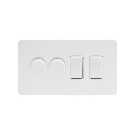 The Eldon Collection White Metal Flat Plate 4 Gang Dimmer and Rocker Switch Combo (2 x 2-Way Intelligent Dimmer & 2 x 2-Way Switch)