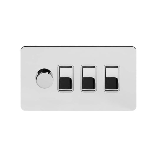 The Finsbury Collection Polished Chrome Flat Plate 4 Gang Dimmer and Rocker Switch Combo (2-Way Intelligent Dimmer & 3 x 2-Way Light Switch)