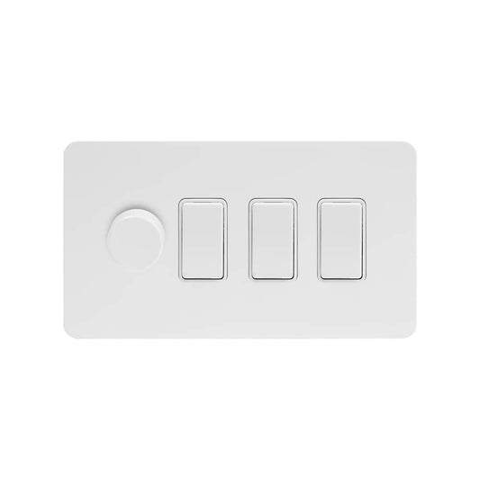The Eldon Collection White Metal Flat Plate 4 Gang Dimmer and Rocker Switch Combo (2-Way Intelligent Dimmer & 3 x 2-Way Light Switch)